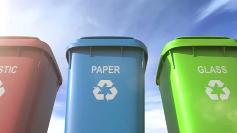 Multi colored garbage bins with waste type separation labels and recycle logos Vidéo 115319319