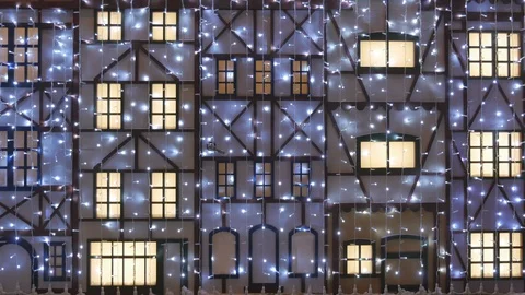 Multi-colored garlands of large plan, which adorn the scenery for the holiday. Video stock 100020476