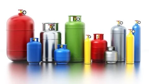 Multi-colored gas cylinders isolated on white background. 3D illustration Stock Illustration