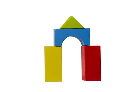 Multi-colored gate from wooden toy cubes on a white background Stock Photos