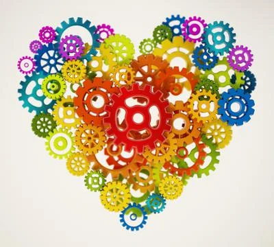 Multi-colored gear set inside heart shape. 3D illustration Stock Illustration