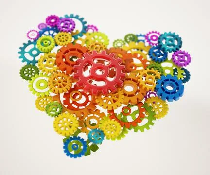 Multi-colored gear set inside heart shape. 3D illustration Stock Illustration