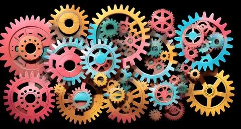 Multi-colored gears on a black background Stock Illustration