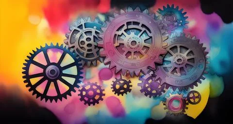 Multi-colored gears on a black background Stock Illustration