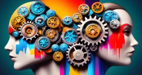 Multi-colored gears in the head of a person Stock Illustration