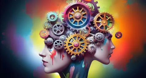 Multi-colored gears in the head of a person Stock Illustration