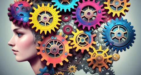 Multi-colored gears in the head of a person Stock Illustration