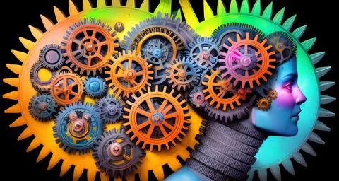 Multi-colored gears in the head of a person Stock Illustration
