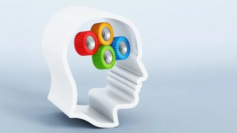 Multi-colored gears inside human head silhouette. 3D illustration Ilustración de archivo