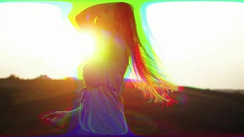 Multi-colored girl with digital effects of light interference and waves, broken Stock Footage 134711385