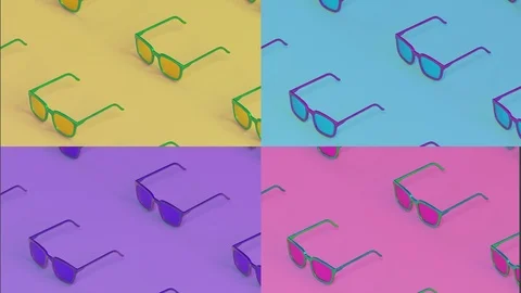  Multi-colored glasses moving on a colorful background, zine, motion design, 3d  Stock Footage 107741854