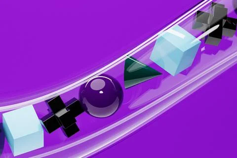 Multi-colored graphic objects and frames of geometric shapes fly through a tr Stock-Illustration