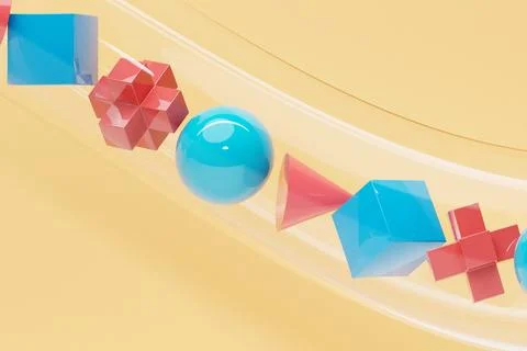 Multi-colored graphic objects and frames of geometric shapes fly through a tr Foto stock