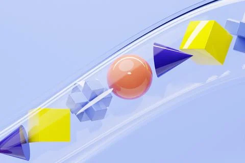 Multi-colored graphic objects and frames of geometric shapes fly through a tr Stock Photos