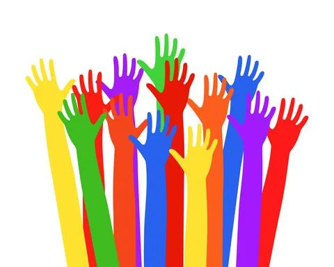 Multi-colored hands raised up. Vector illustration EPS10 Stock Illustration