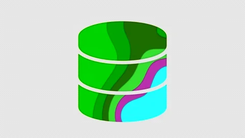 Multi-colored icon database with colored spots floating inside. In-Out Alpha end Stock Footage 239893097