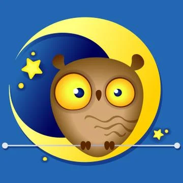 Multi-colored illustration of a cute funny owl on the background of the moon Stock Illustration
