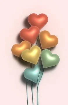Multi-colored inflated hearts on a string, beige background. 3D rendering i.. Stock Photos