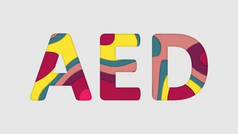 Multi-colored inscription ISO code currency AED with colored spots floating Stock Footage 238427115