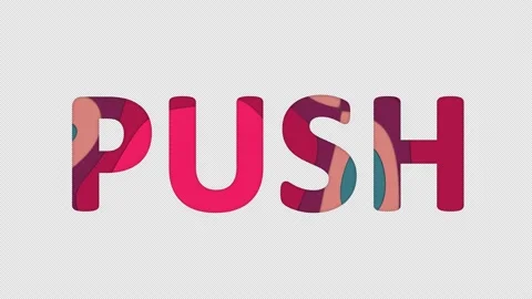 Multi-colored inscription text PUSH with colored spots floating inside. In-Out Video stock 234104768