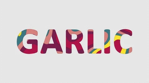 Multi-colored inscription vegetable GARLIC with colored spots floating inside. Stock Footage 237610565
