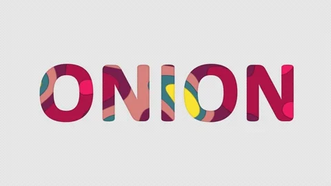 Multi-colored inscription vegetable ONION with colored spots floating inside. Stock Footage 237610780