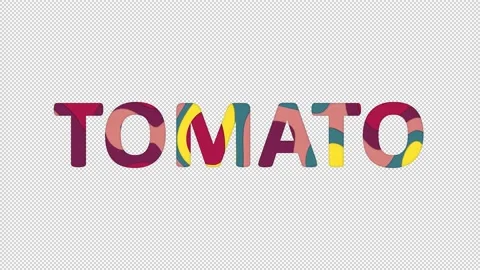 Multi-colored inscription vegetable TOMATO with colored spots floating inside. Stock Footage 237612367
