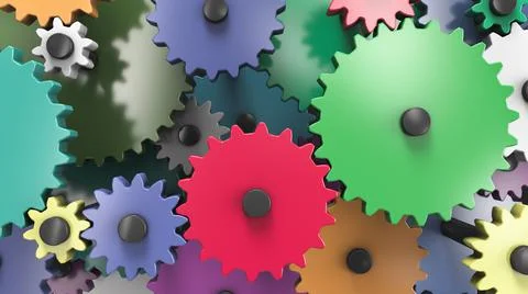 Multi-colored interacting gears. Full frame. Mechanical theme background. Stock Illustration