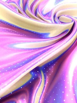 Multi colored iridescent wavy fabric with polka dot glitter pattern 3d render Stock Illustration