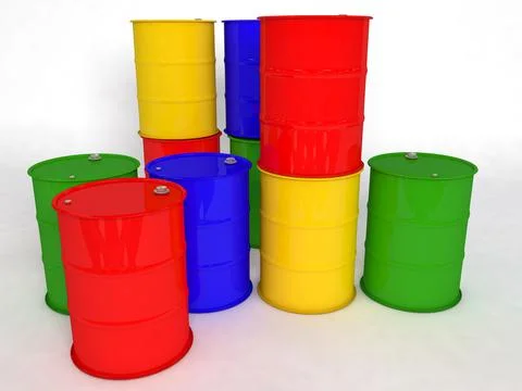Multi-colored iron barrels. 3D visualization Stock Illustration
