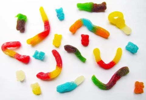 Multi-colored jelly sweets, bears and worms Foto stock