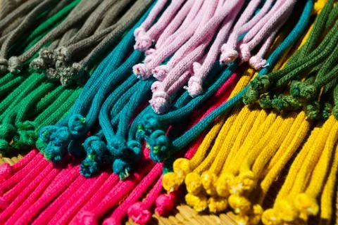 Multi-colored knots on the yarn. Stock Photos