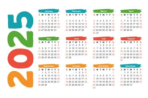 Multi-colored light bright calendar strokes of paint for 2025 year Stock Illustration