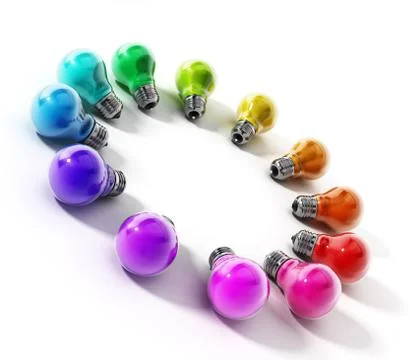 Multi colored lightbulbs in circle formation. 3D illustration Stock Illustration