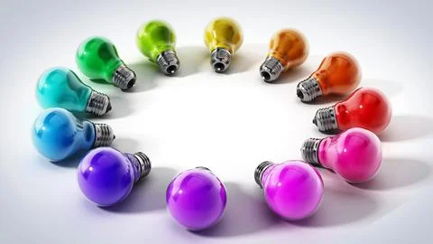 Multi colored lightbulbs in circle formation. 3D illustration Stock Illustration