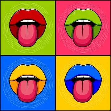 Multi-colored lips on a retro background, illustration in pop art style. Stock Illustration