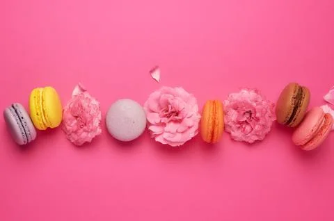 Multi-colored macarons with cream and a pink rose bud 스톡 사진
