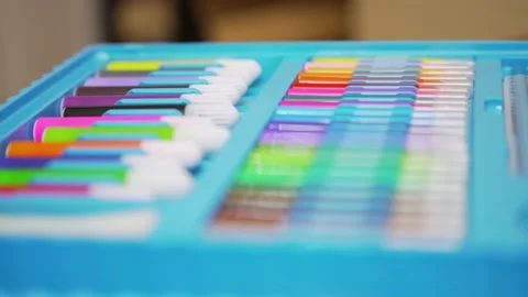 Multi-colored markers and pencils. school supplies. drawing class develops Stock Footage 200821088