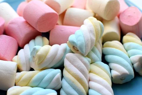 Multi-colored marshmallows. Background or texture of colorful pink and blue m Stock Photos