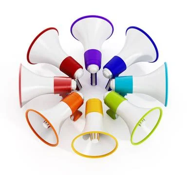 Multi colored megaphones isolated on white background. 3D illustration Mul... Stockfoto's