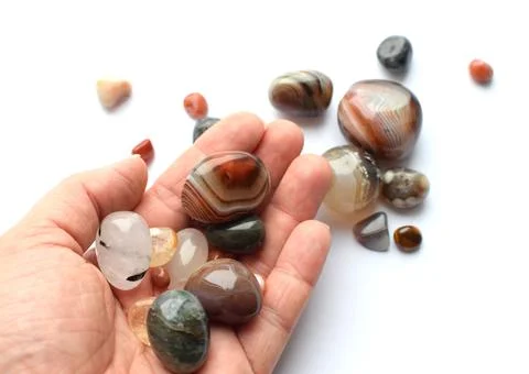 Multi-colored minerals of semi-precious stones. Agates of different sizes in Stock Photos