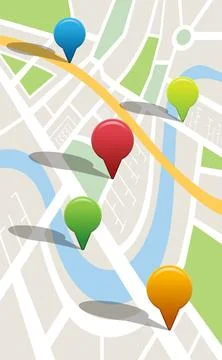 Multi colored navigation pointers on map Stockillustratie