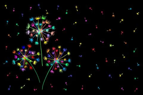 Multi-colored neon dandelions with scattered fluffs on a black background Stock Illustration