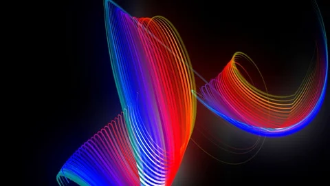 Multi-colored neon lines of ribbon fly in the air, smoothly oscillation and wave Stock Footage 125750431