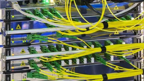 Multi Colored Network Cables Connected to Switch, network  technology concept Foto stock