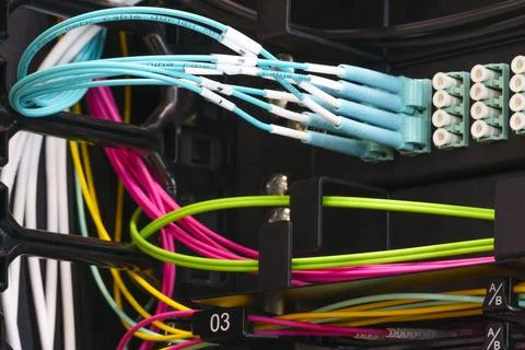 Multi Colored Network Cables Connected to Switch, network  technology concept Stock Photos
