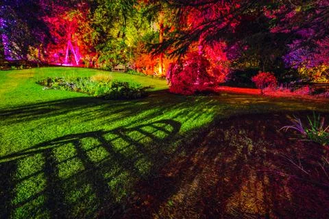 Multi-colored night lighting of the Scottish house garden. Stock Photos