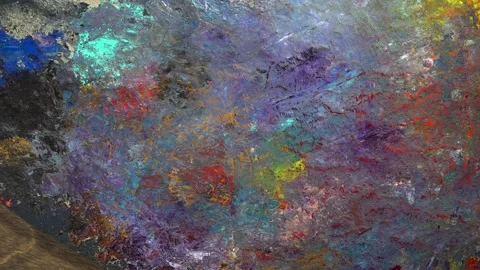 Multi-colored oil paints on an artistic palette. Vídeo Stock 146384996
