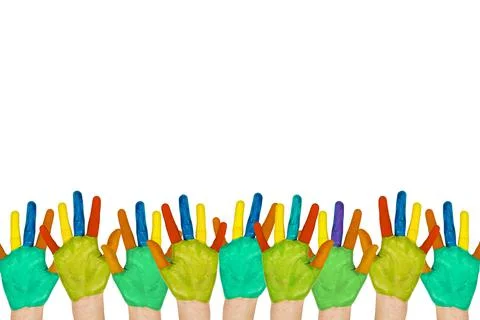 Multi Colored painted hands raised up Foto stock
