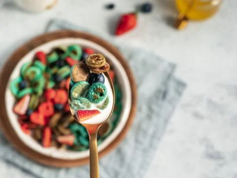 Multi-colored pancake cereal 스톡 사진